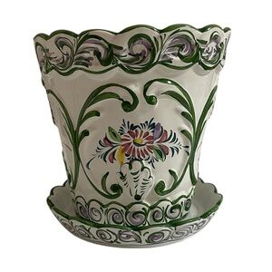 Vintage RCCL Portugal Hand Painted Floral Ceramic Green On White Flower Pot